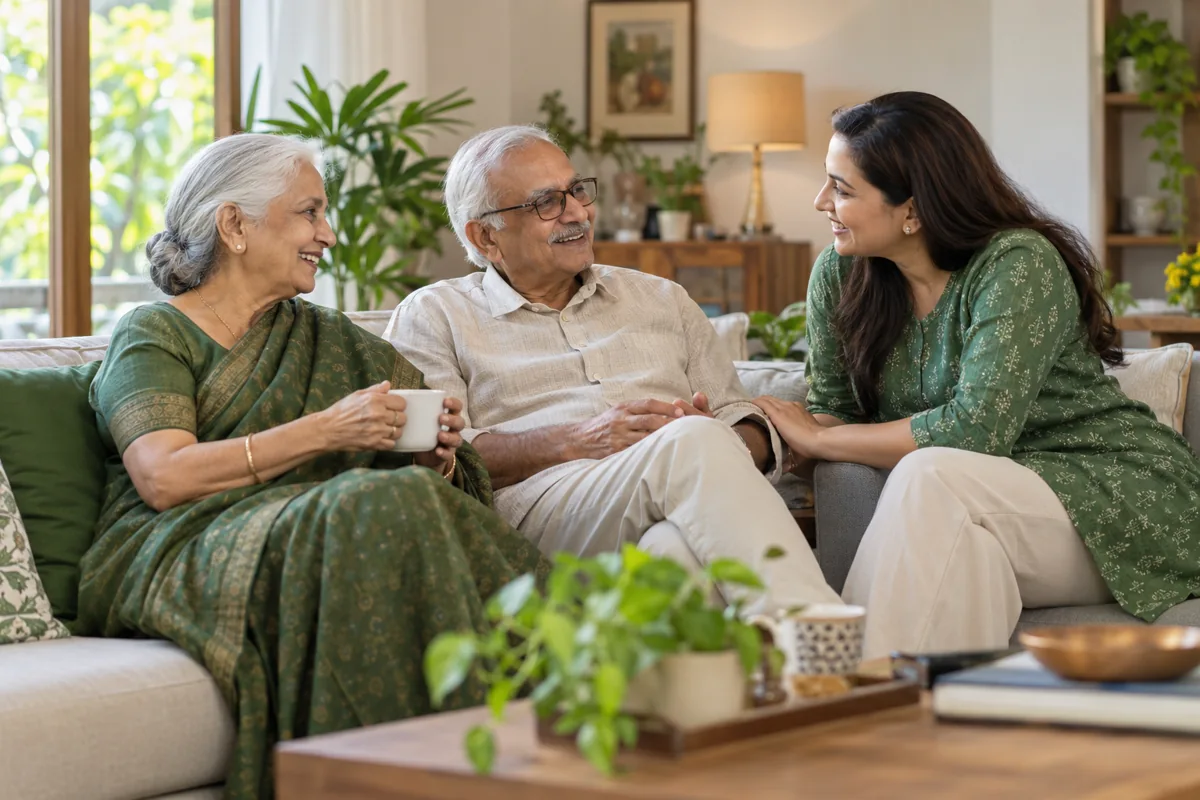 Illustrative image of an older Indian couple sharing a conversation with their daughter at home
