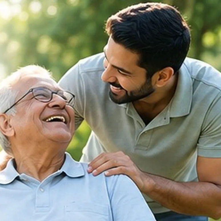 A son sharing a moment with his father at home